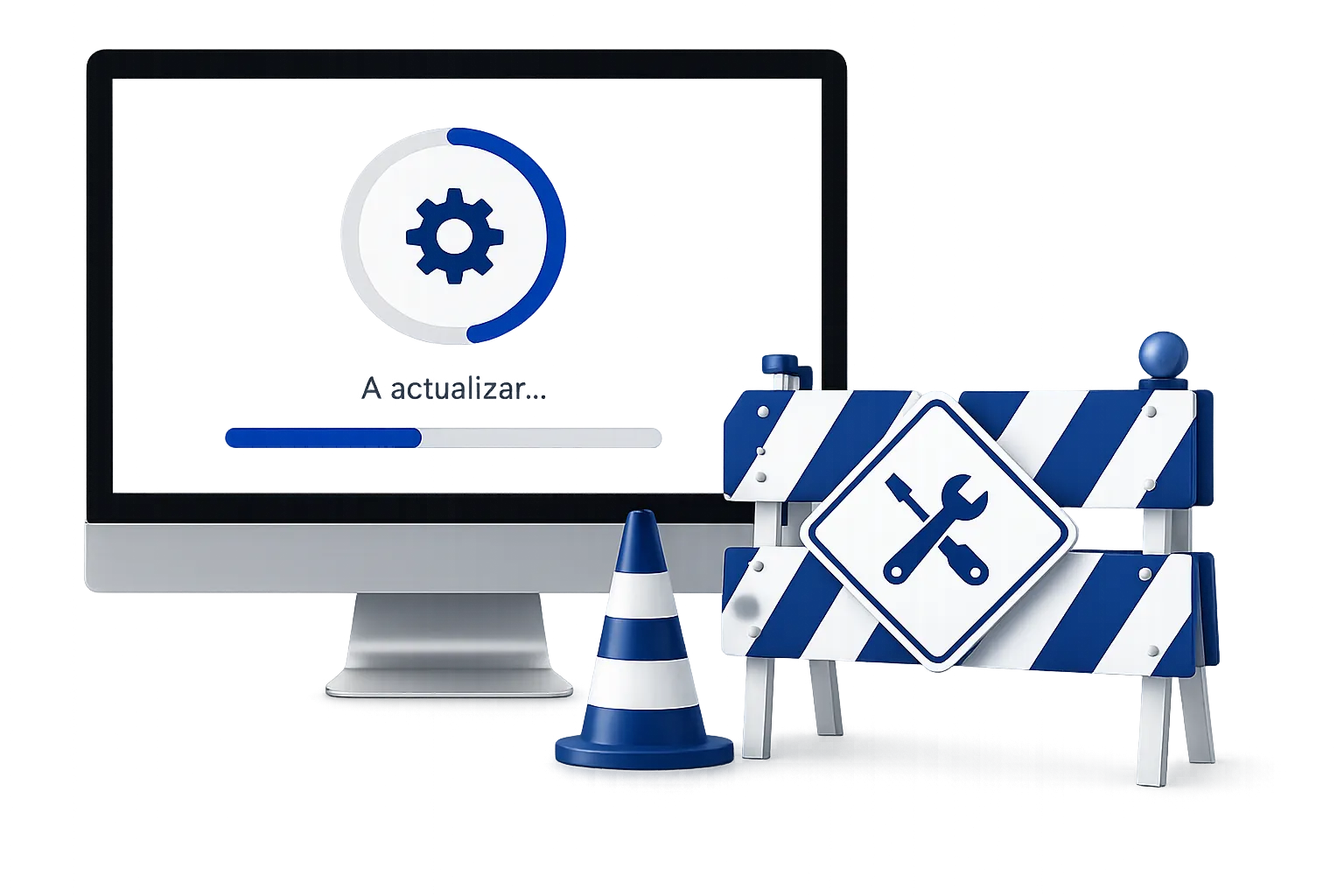 Ilustração de manutenção: monitor com progresso de actualização, cone de trânsito e sinal de obras
